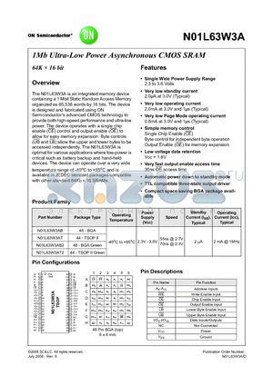 N01L63W3AT25I datasheet - 1Mb Ultra-Low Power Asynchronous CMOS SRAM 64K  16 bit