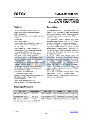 EM448M1684LBC-37FE datasheet - 256Mb (4M4Bank16) Double DATA RATE 2 SDRAM