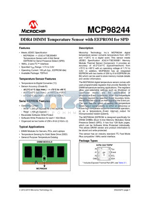 MCP98244 datasheet - DDR4 DIMM Temperature Sensor with EEPROM for SPD