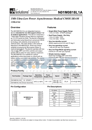 N01M0818L1AN datasheet - 1Mb Ultra-Low Power Asynchronous Medical CMOS SRAM 128Kx8 bit