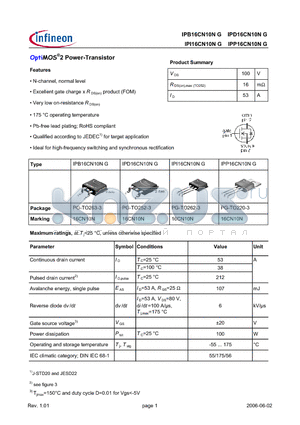 IPD16CN10NG datasheet - OptiMOS^2 Power-Transistor Excellent gate charge x RDS(on) product (FOM)