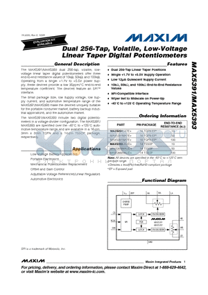 MAX5391MATE+ datasheet - Dual 256-Tap, Volatile, Low-Voltage Linear Taper Digital Potentiometers