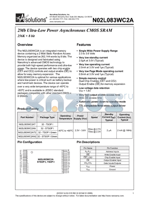 N02L083WC2AN2 datasheet - 2Mb Ultra-Low Power Asynchronous CMOS SRAM 256K x 8 bit