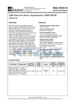 N02L1618C1AT datasheet - 2Mb Ultra-Low Power Asynchronous CMOS SRAM 128Kx16 bit