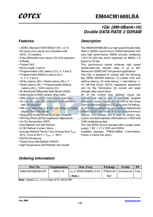 EM44CM1688LBA-25F datasheet - 1Gb (8M8Bank16) Double DATA RATE 2 SDRAM