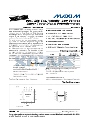 MAX5388LAUB+ datasheet - Dual, 256-Tap, Volatile, Low-Voltage Linear Taper Digital Potentiometers