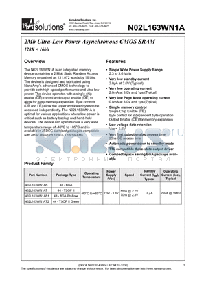 N02L163WN1AB1 datasheet - 2Mb Ultra-Low Power Asynchronous CMOS SRAM