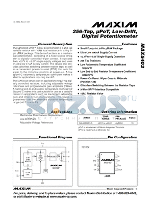 MAX5402EUA datasheet - 256-Tap, lPoT, Low-Drift, Digital Potentiometer