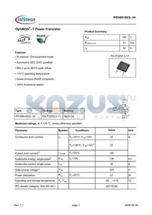 IPD30N10S3L-34 datasheet - OptiMOS-T Power-Transistor