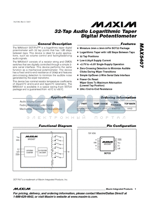 MAX5407 datasheet - 32-Tap Audio Logarithmic Taper Digital Potentiometer