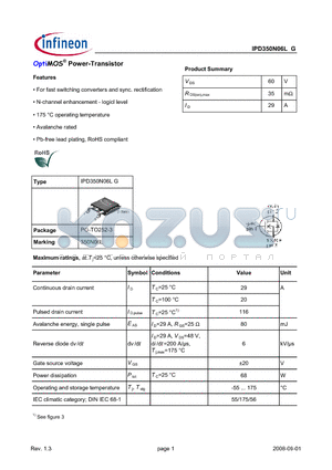 IPD350N06LG datasheet - OptiMOS^ Power-Transistor Features For fast switching converters and sync. rectification