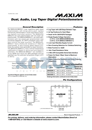 MAX5408ETE datasheet - Dual, Audio, Log Taper Digital Potentiometers