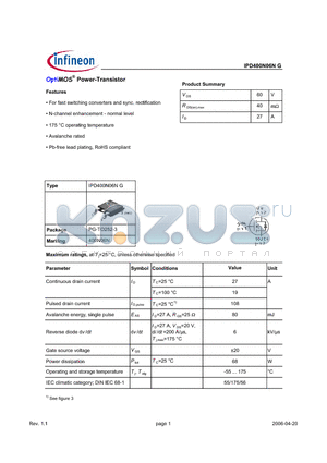 IPD400N06NG datasheet - OptiMOS^ Power-Transistor