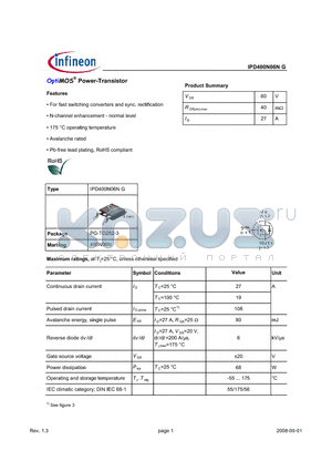 IPD400N06NG datasheet - OptiMOS^ Power-Transistor Features N-channel enhancement - normal level Avalanche rated