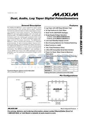 MAX5408EEE datasheet - Dual, Audio, Log Taper Digital Potentiometers