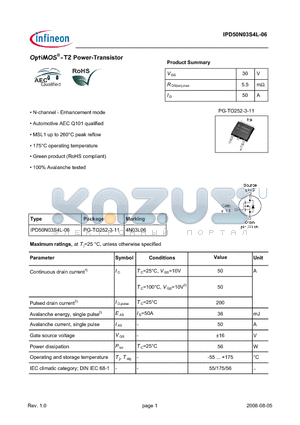 IPD50N03S4L-06 datasheet - OptiMOS-T2 Power-Transistor