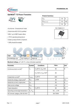 IPD50N03S4L-06 datasheet - OptiMOS-T2 Power-Transistor