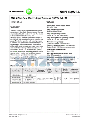 N02L63W2AT25IT datasheet - 2Mb Ultra-Low Power Asynchronous CMOS SRAM 128K  16 bit