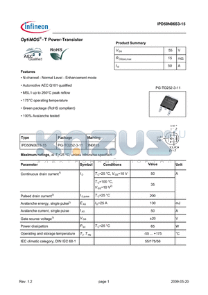 IPD50N06S3-15 datasheet - OptiMOS-T Power-Transistor