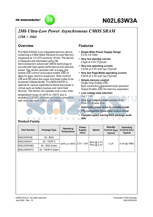 N02L63W3AT5I datasheet - 2Mb Ultra-Low Power Asynchronous CMOS SRAM 128K  16bit