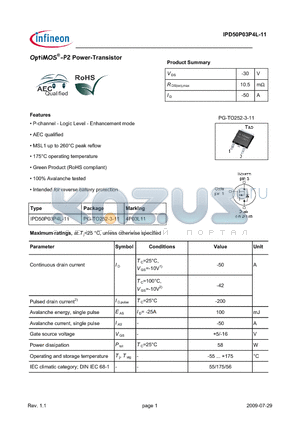IPD50P03P4L-11 datasheet - OptiMOS-P2 Power-Transistor