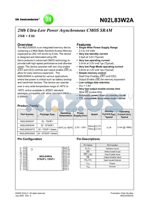 N02L83W2A datasheet - 2Mb Ultra-Low Power Asynchronous CMOS SRAM 256K  8 bit