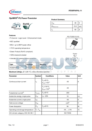 IPD50P04P4L-11 datasheet - OptiMOS-P2 Power-Transistor