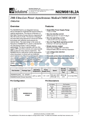 N02M0818L2AN datasheet - 2Mb Ultra-Low Power Asynchronous Medical CMOS SRAM 256Kx8 bit