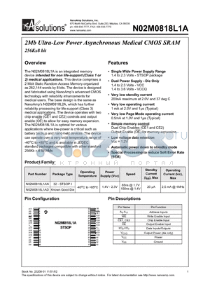 N02M0818L1AN datasheet - 2Mb Ultra-Low Power Asynchronous Medical CMOS SRAM 256Kx8 bit