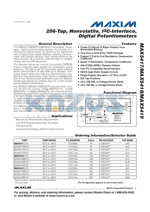 MAX5418NETA datasheet - 256-Tap, Nonvolatile, I2C-Interface, Digital Potentiometers