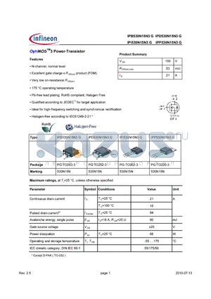 IPD530N15N3G datasheet - OptiMOS3 Power-Transistor