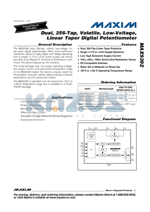 MAX5392NAUE+ datasheet - Dual, 256-Tap, Volatile, Low-Voltage, Linear Taper Digital Potentiometer