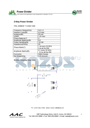 JXWBGF-T-2-800-1300 datasheet - 2-Way Power Divider