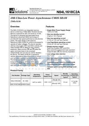 N04L1618C2A datasheet - 4Mb Ultra-Low Power Asynchronous CMOS SRAM 256Kx16 bit