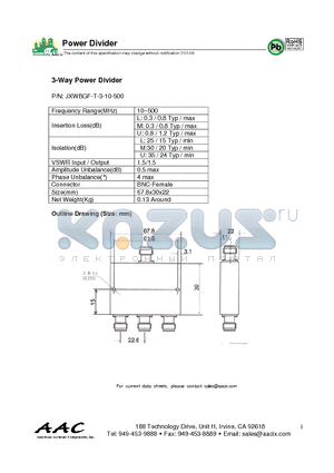 JXWBGF-T-3-10-500 datasheet - 3-Way Power Divider