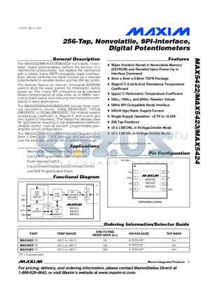 MAX5422ETA datasheet - 256-Tap, Nonvolatile, SPI-Interface, Digital Potentiometers
