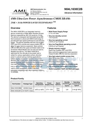 N04L1630C2B datasheet - 4Mb Ultra-Low Power Asynchronous CMOS SRAMs 256K  16 bit POWER SAVER TECHNOLOGY TM