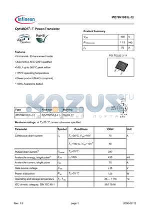 IPD70N10S3L-12 datasheet - OptiMOS-T Power-Transistor