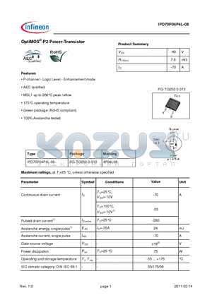 IPD70P04P4L-08 datasheet - OptiMOS-P2 Power-Transistor