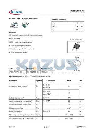 IPD85P04P4L-06 datasheet - OptiMOS-P2 Power-Transistor