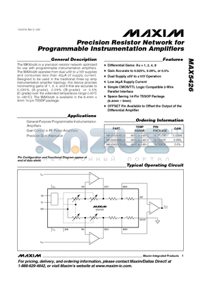 MAX5426AEUD datasheet - Precision Resistor Network for Programmable Instrumentation Amplifiers