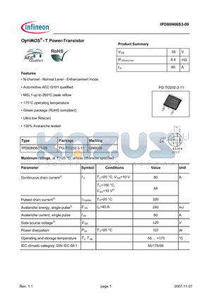 IPD80N06S3-09 datasheet - OptiMOS-T Power-Transistor