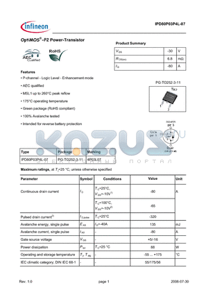 IPD80P03P4L-07 datasheet - OptiMOS-P2 Power-Transistor