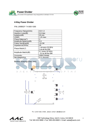 JXWBGF-T-4-800-1300 datasheet - 4-Way Power Divider