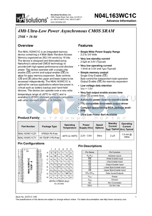 N04L163WC1C datasheet - 4Mb Ultra-Low Power Asynchronous CMOS SRAM