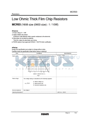 MCR03EZPFL datasheet - Low Ohmic Thick Film Chip Resistors