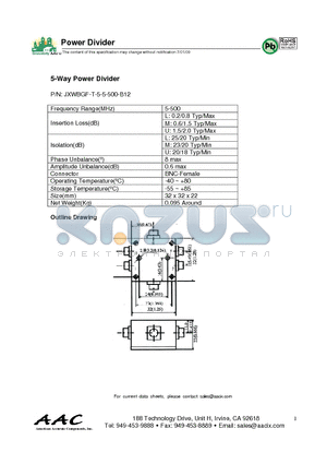 JXWBGF-T-5-5-500-B12 datasheet - 5-Way Power Divider