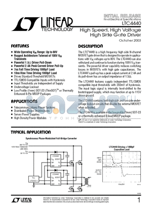 LTC4440ES6 datasheet - High Speed, High Voltage High Side Gate Driver