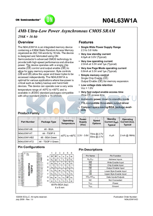 N04L63W1A datasheet - 4Mb Ultra-Low Power Asynchronous CMOS SRAM 256K  16 bit