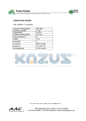 JXWBGF-T-5-806-824 datasheet - 5-Way Power Divider